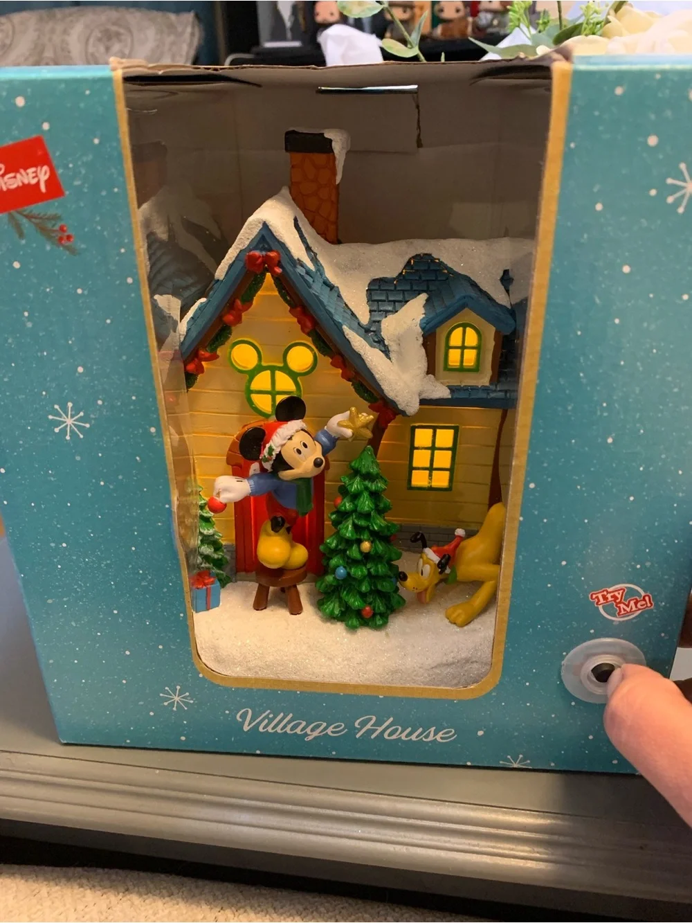 Disney Village House Holiday Figurine with Blue Box and Green Tree